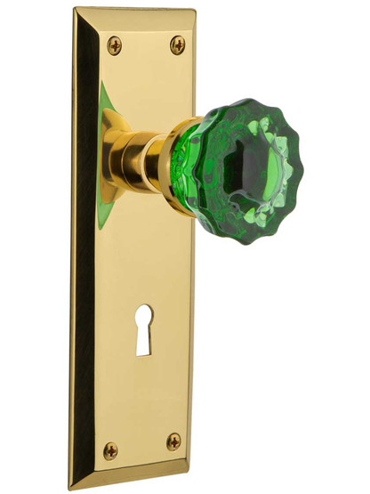 New York Door Set with Keyhole and Colored Fluted Crystal Glass Knobs Emerald in Polished Brass.
